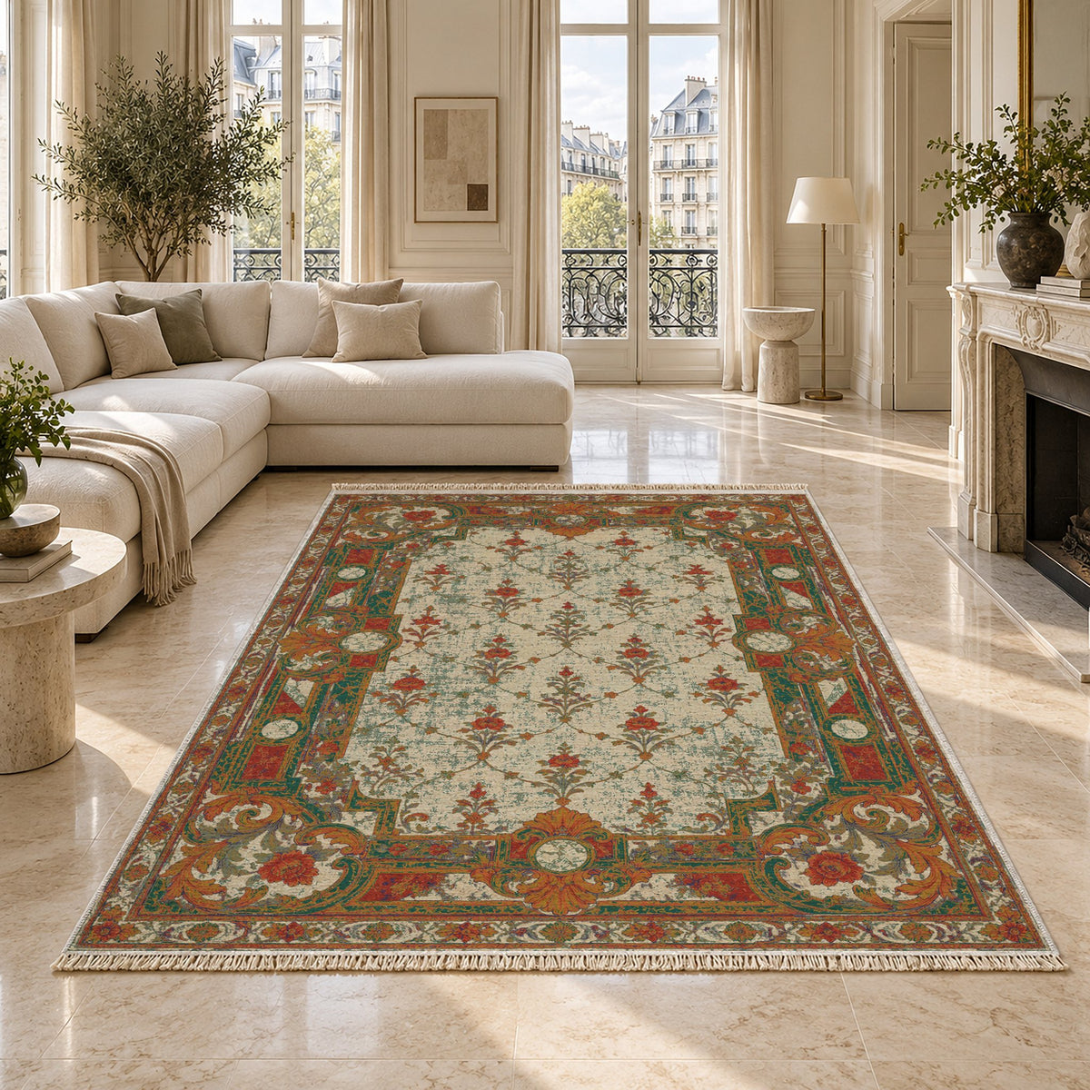 Terrace Mosaic Emerald & Terracotta washable rug on a marble floor