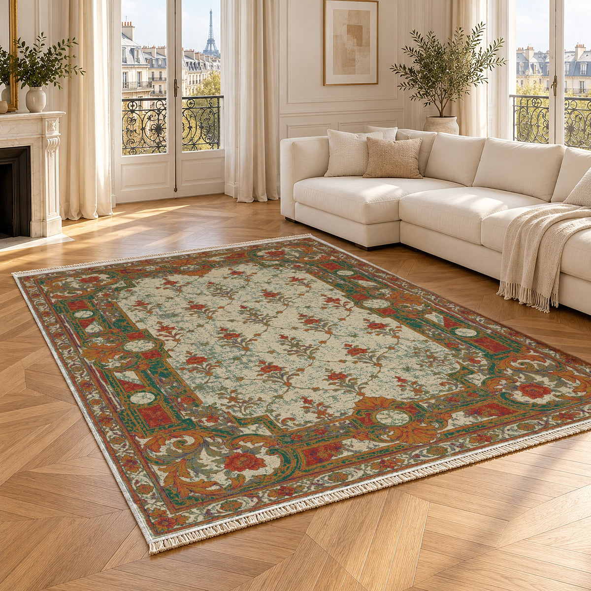 Terrace Mosaic Emerald & Terracotta washable rug angled room view