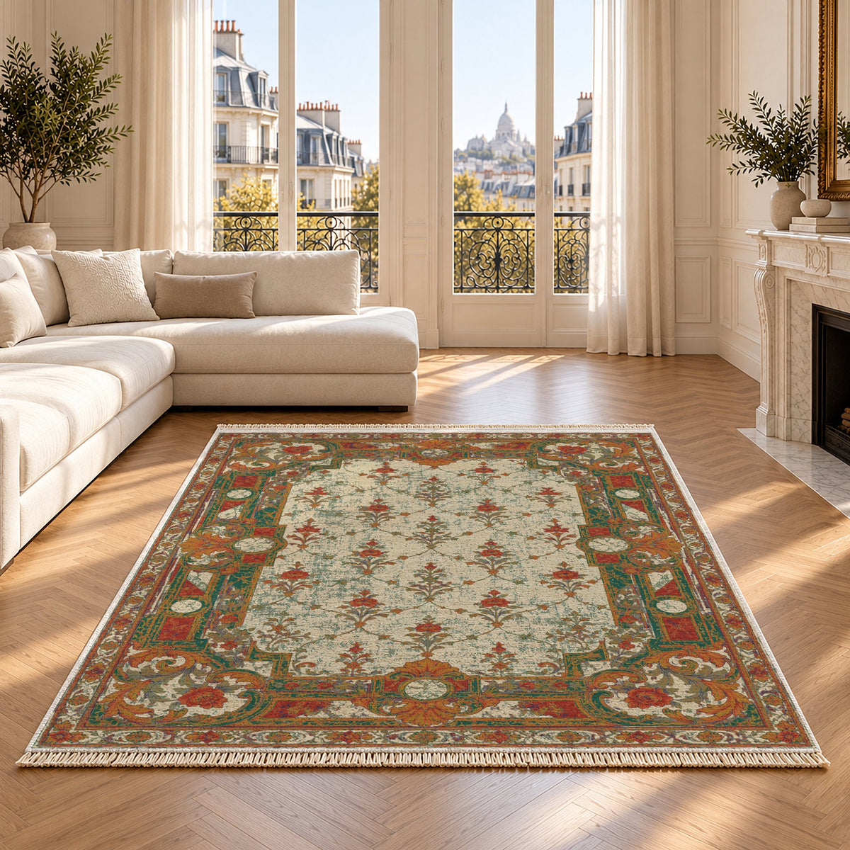 Terrace Mosaic Emerald & Terracotta washable rug on an oak floor