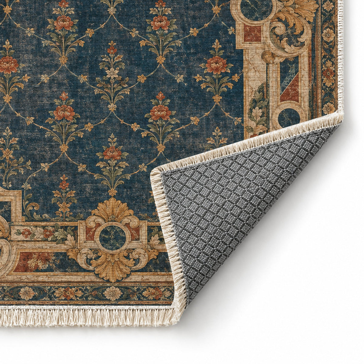 Terrace Mosaic Indigo & Rust washable rug folded corner showing the backing