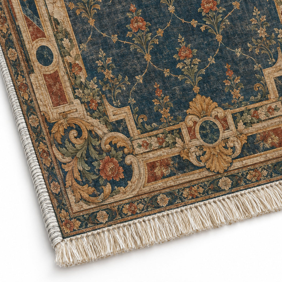 Terrace Mosaic Indigo & Rust washable rug close-up of the printed chenille