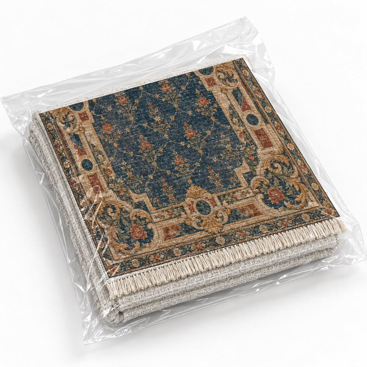 Terrace Mosaic Indigo & Rust washable rug rolled and packaged