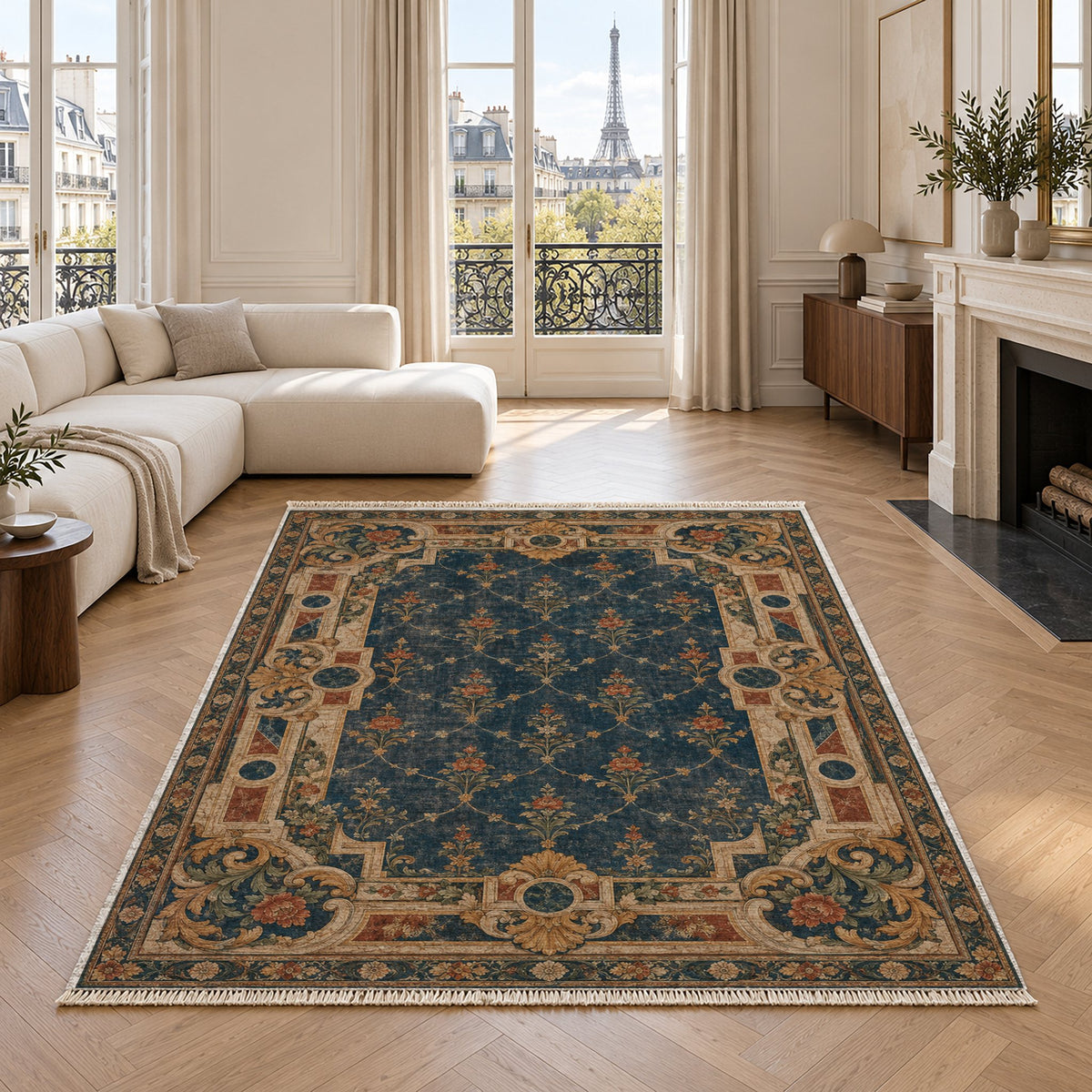 Terrace Mosaic Indigo & Rust washable rug in a living room with an Eiffel Tower view