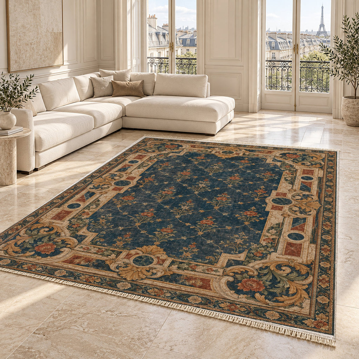 Terrace Mosaic Indigo & Rust washable rug angled room view on marble