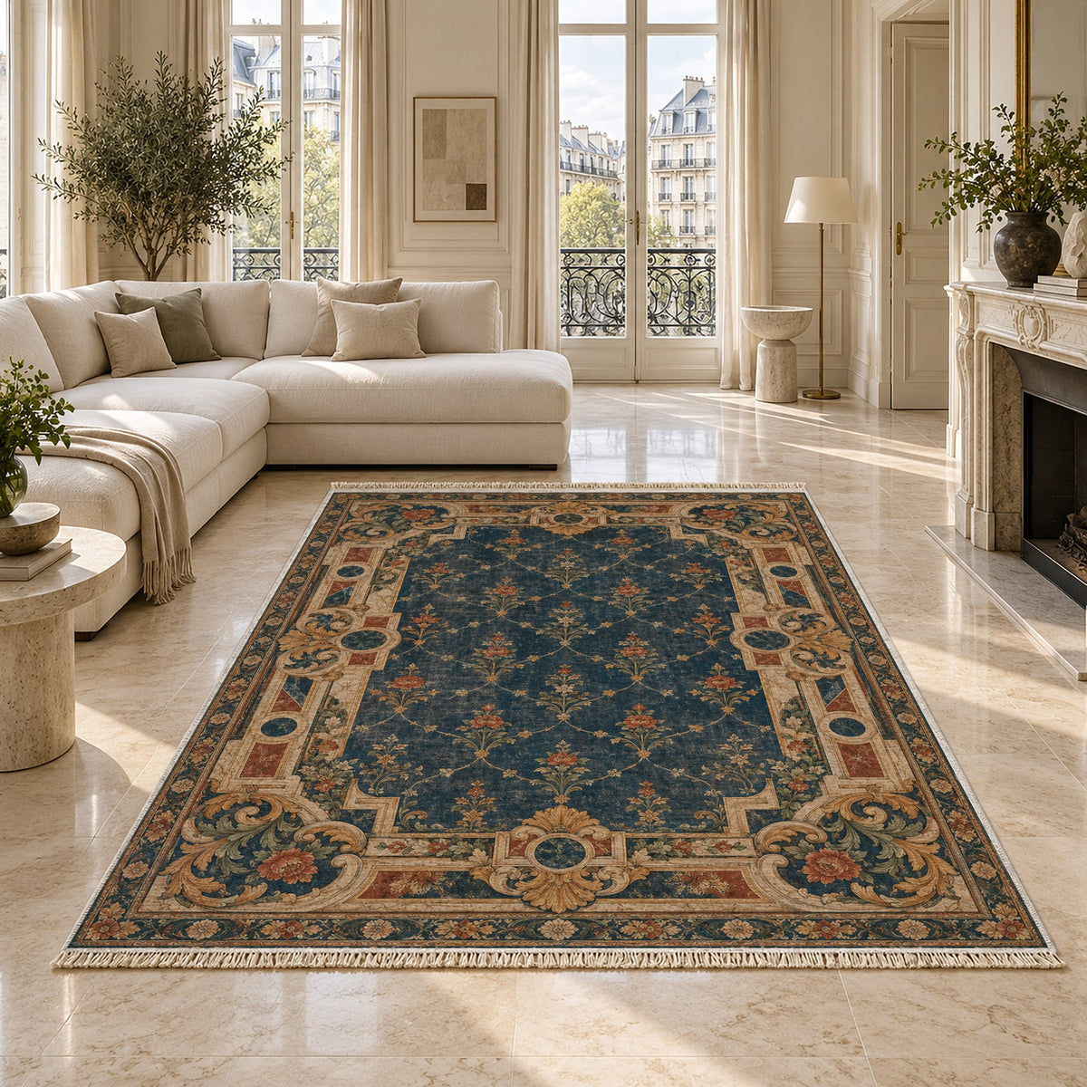 Terrace Mosaic Indigo & Rust washable rug on a marble floor