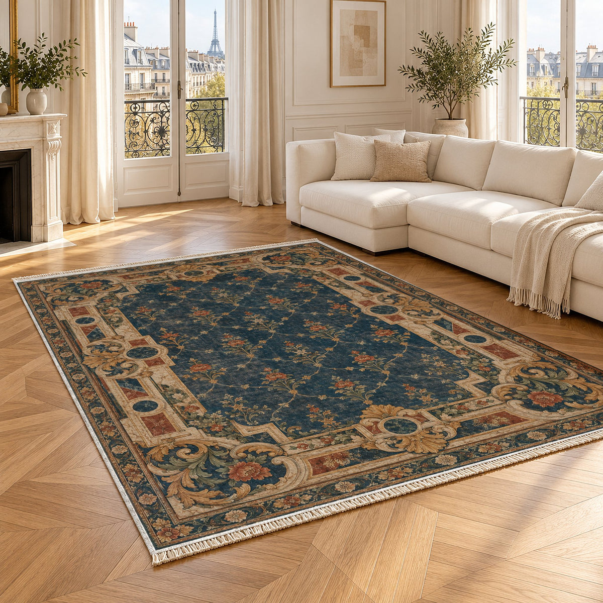 Terrace Mosaic Indigo & Rust washable rug angled room view