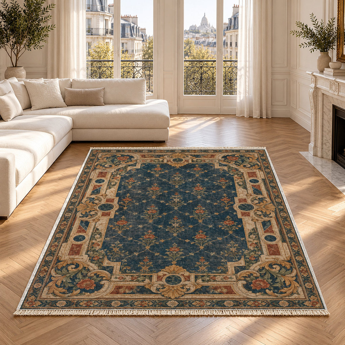 Terrace Mosaic Indigo & Rust washable rug in a Paris living room