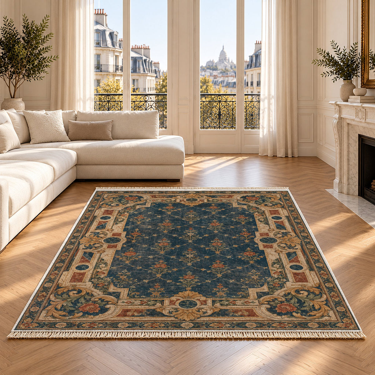 Terrace Mosaic Indigo & Rust washable rug on an oak floor