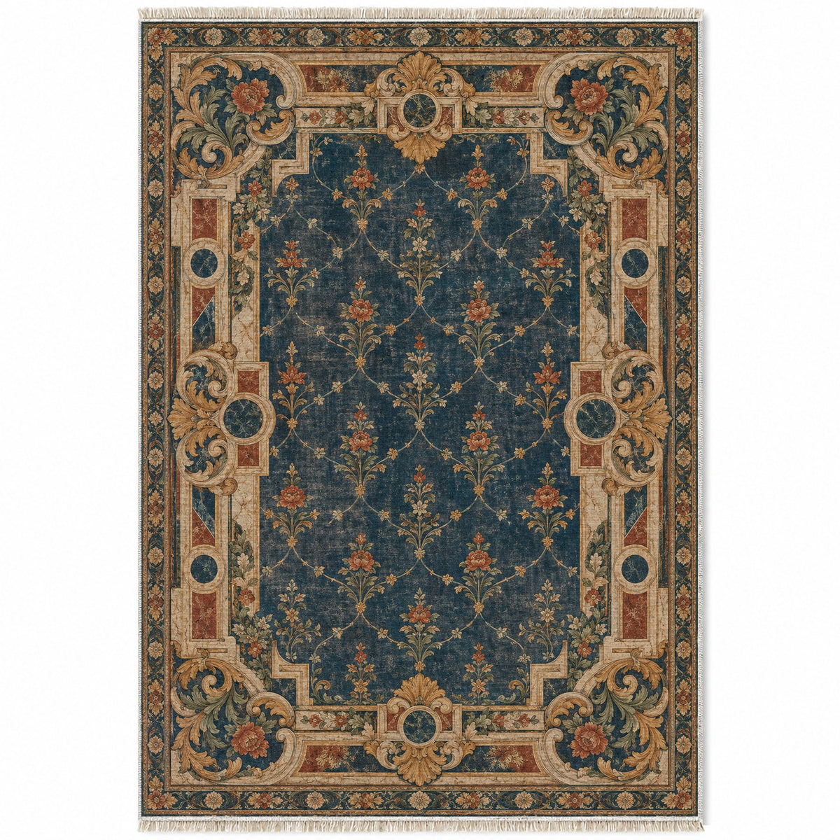 Terrace Mosaic Indigo & Rust washable rug top view