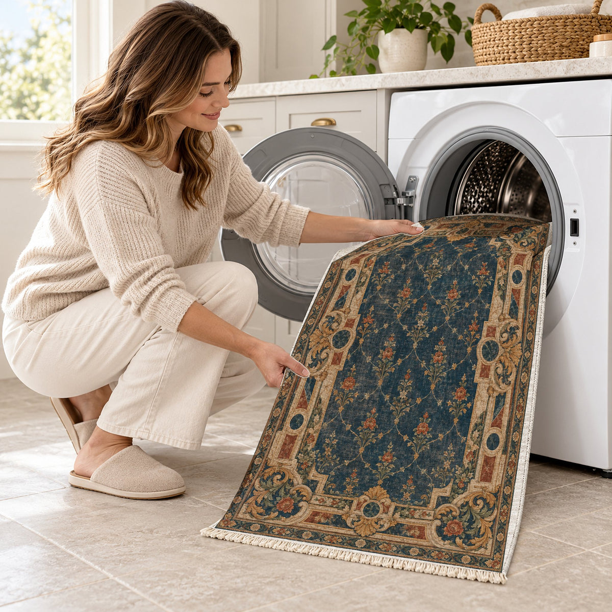 Terrace Mosaic Indigo & Rust washable rug being loaded into a washing machine