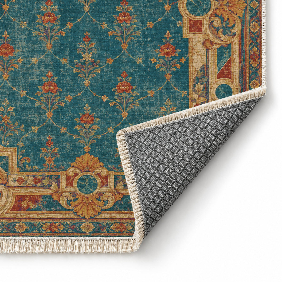 Terrace Mosaic Peacock & Ochre washable rug folded corner showing the backing