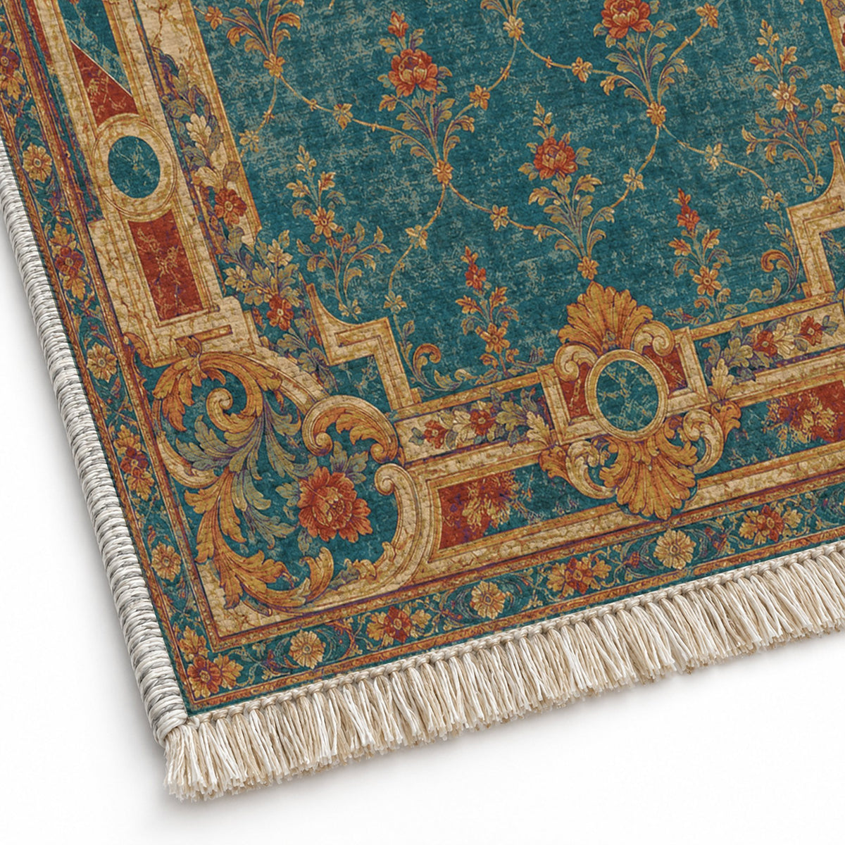 Terrace Mosaic Peacock & Ochre washable rug close-up of the printed chenille