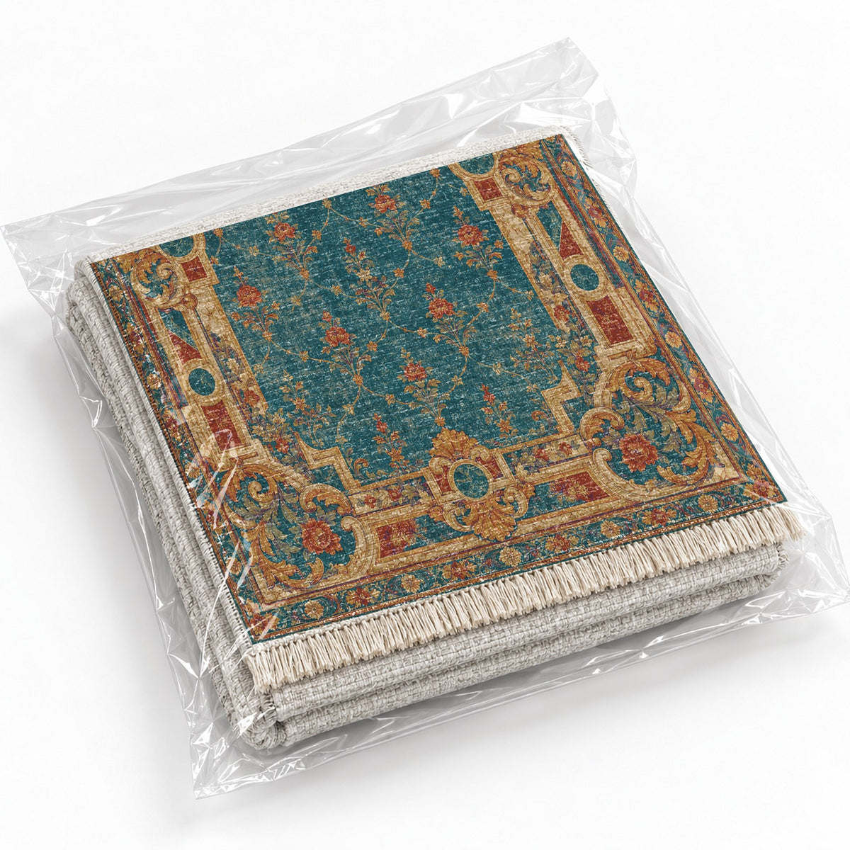 Terrace Mosaic Peacock & Ochre washable rug rolled and packaged