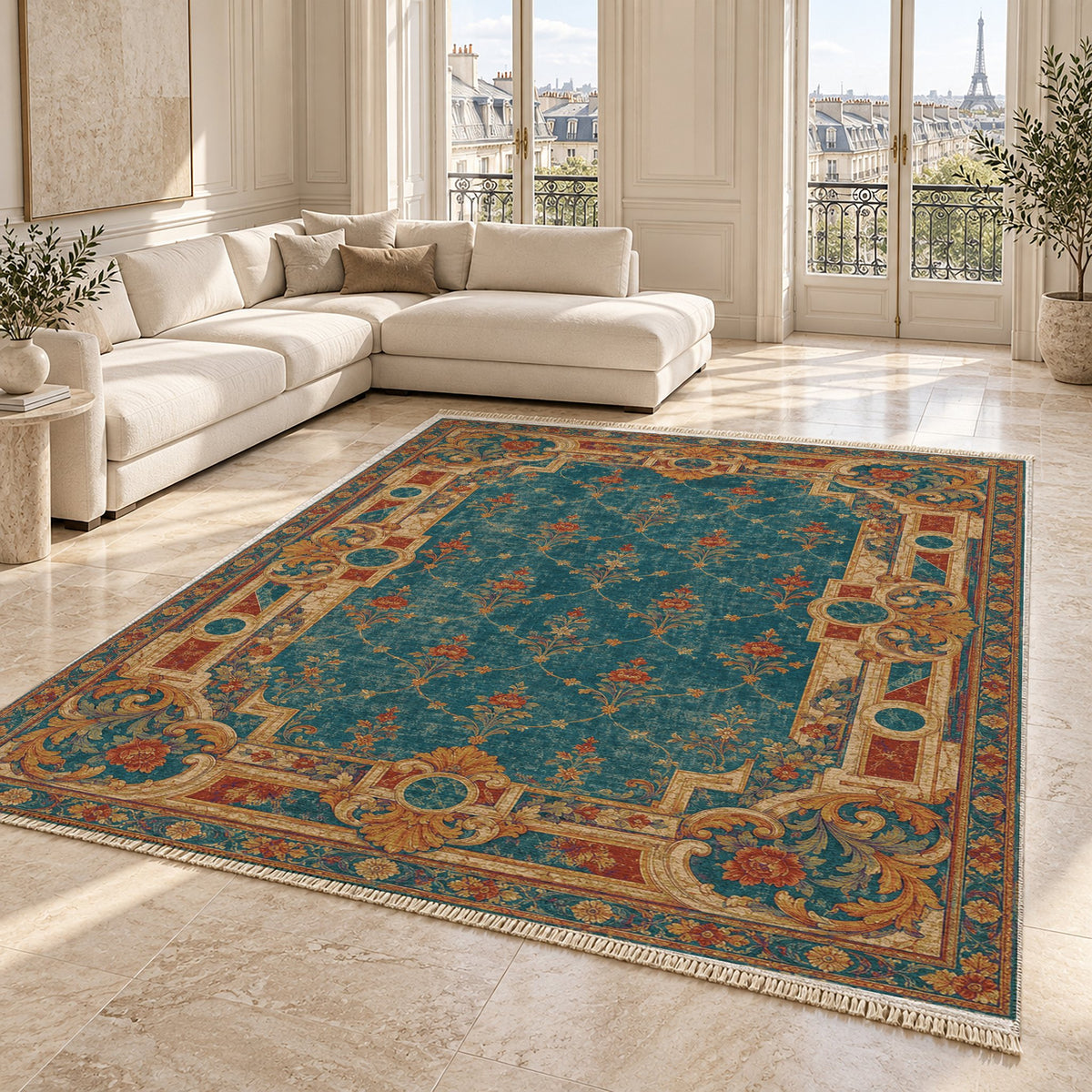 Terrace Mosaic Peacock & Ochre washable rug angled room view on marble