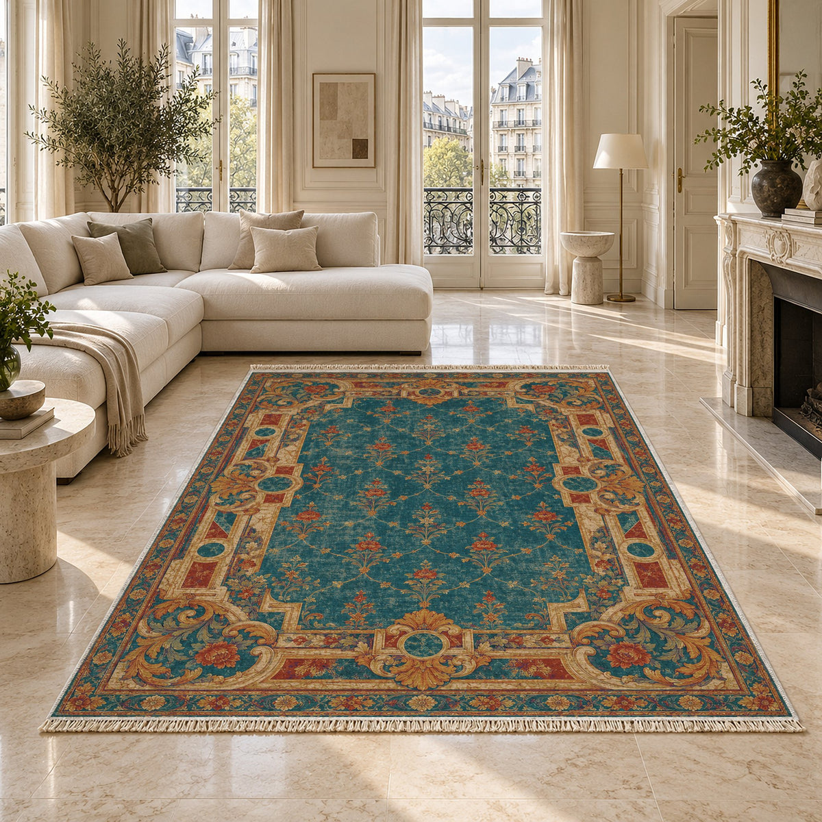 Terrace Mosaic Peacock & Ochre washable rug on a marble floor