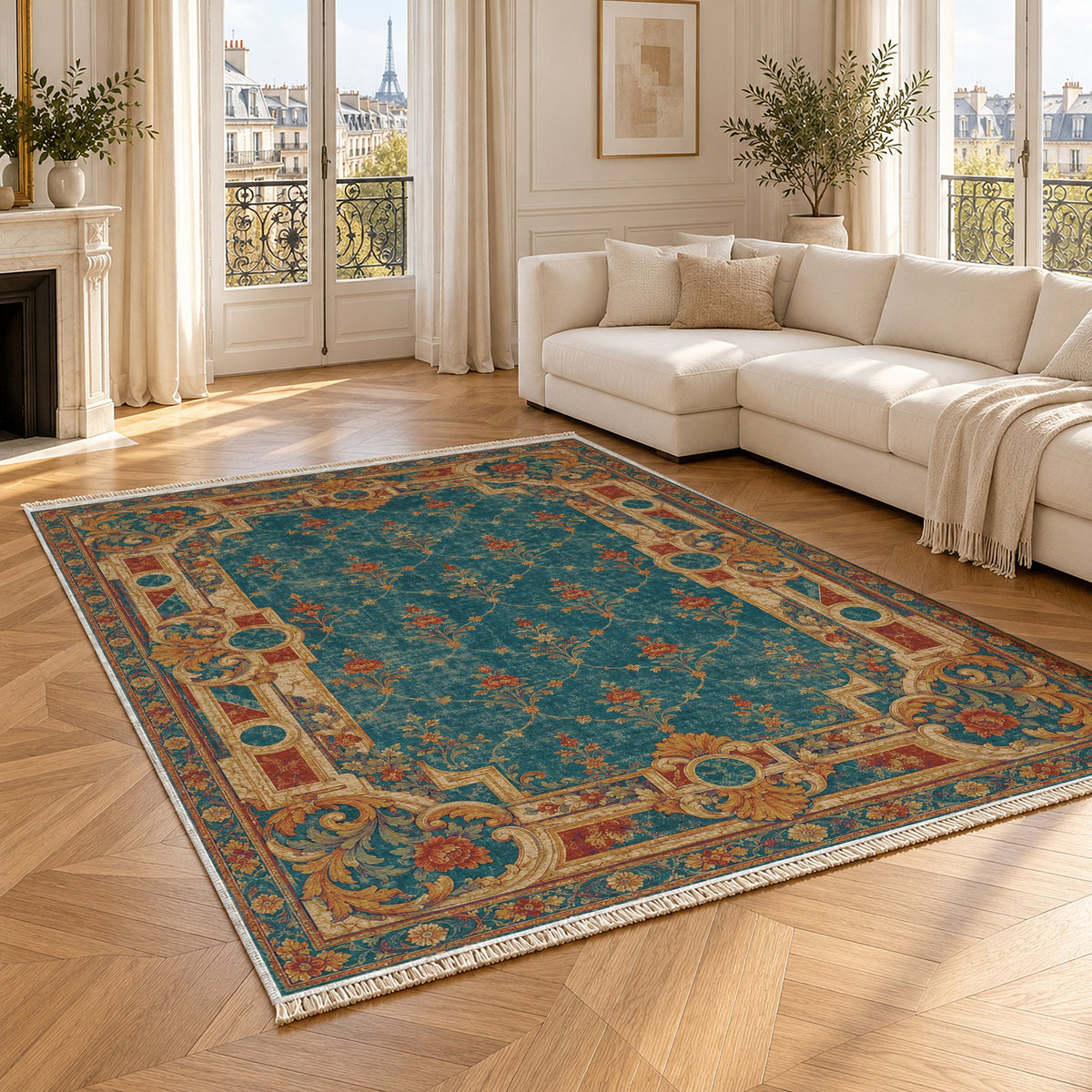 Terrace Mosaic Peacock & Ochre washable rug angled room view
