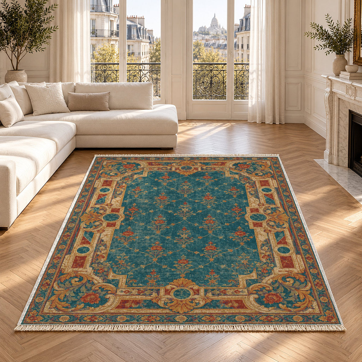 Terrace Mosaic Peacock & Ochre washable rug in a Paris living room