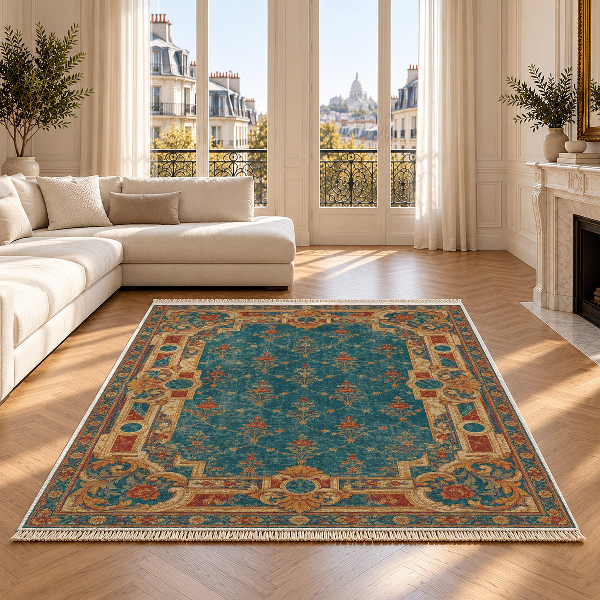 Terrace Mosaic Peacock & Ochre washable rug on an oak floor