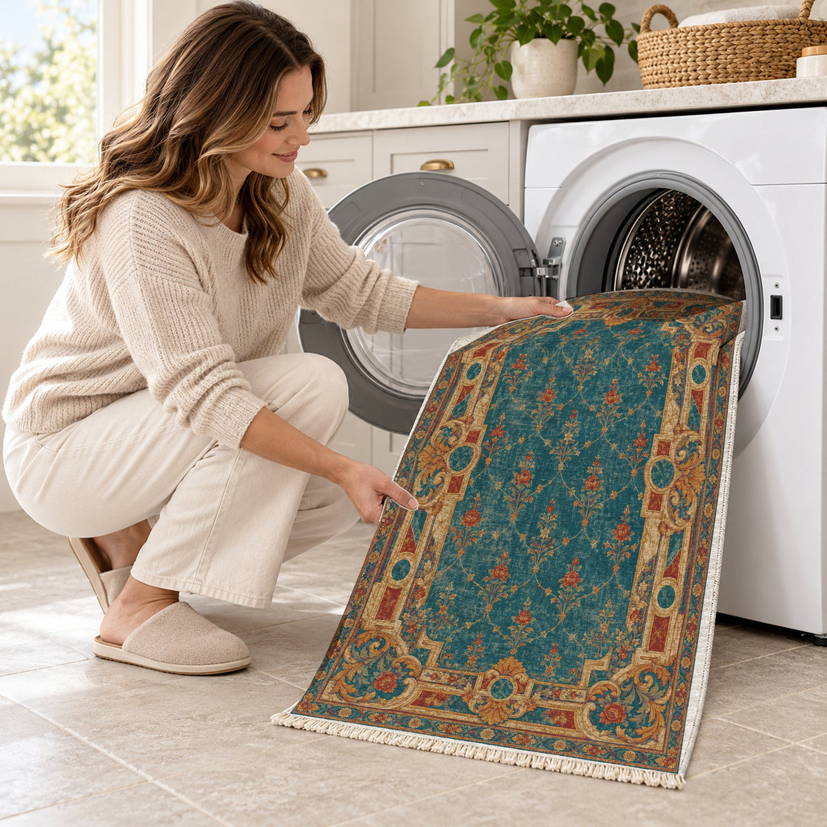 Terrace Mosaic Peacock & Ochre washable rug being loaded into a washing machine