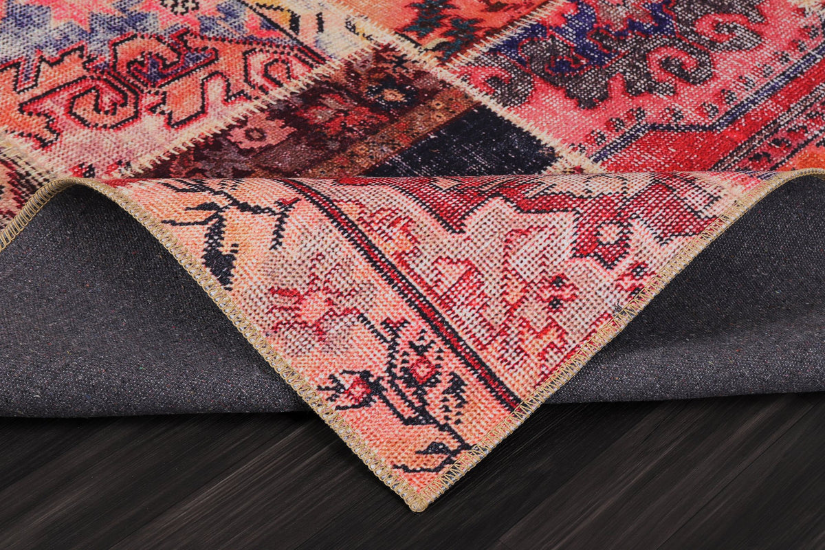 Terracotta Persian Patchwork Washable Rug pile close-up