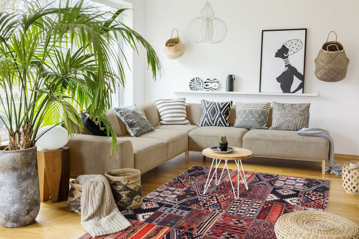 Terracotta Persian Patchwork Washable Rug in a living room