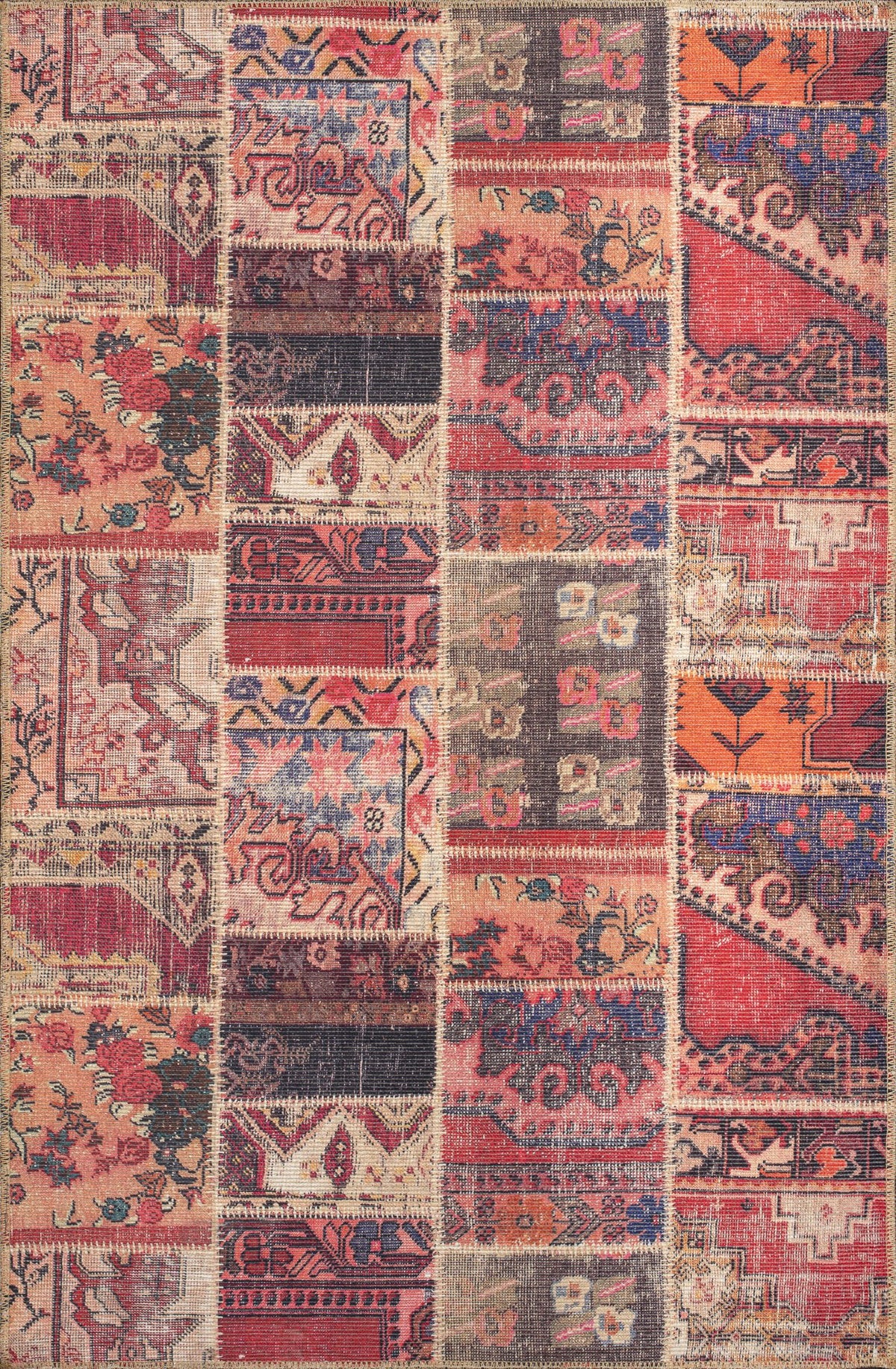 Terracotta Persian Patchwork Washable Rug 1306 top view
