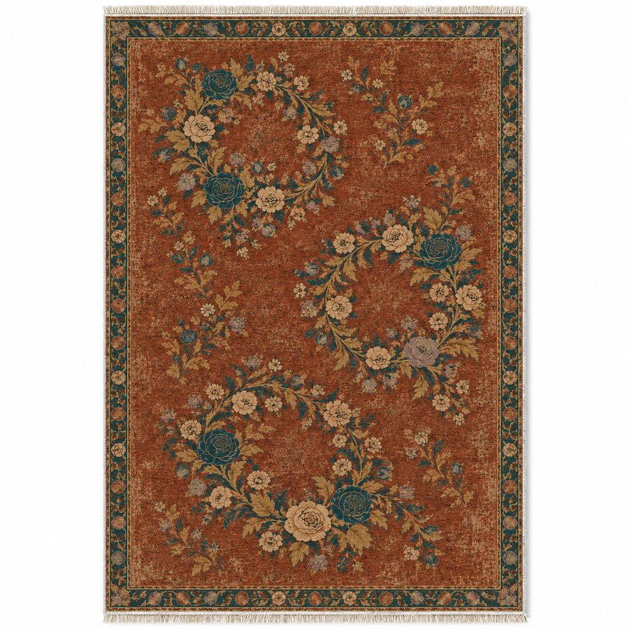 Three Bouquet Wreaths Brick & Petrol Distressed Washable Rug