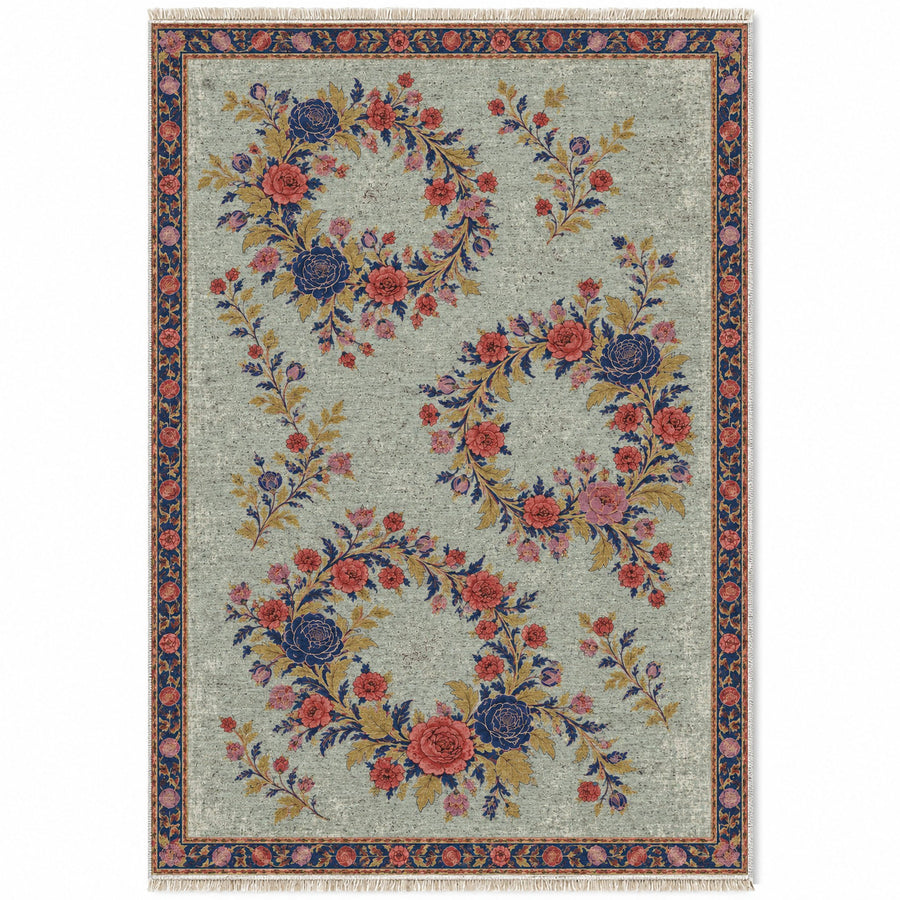Three Bouquet Wreaths Glacier, Ink & Vermilion Distressed Washable Rug