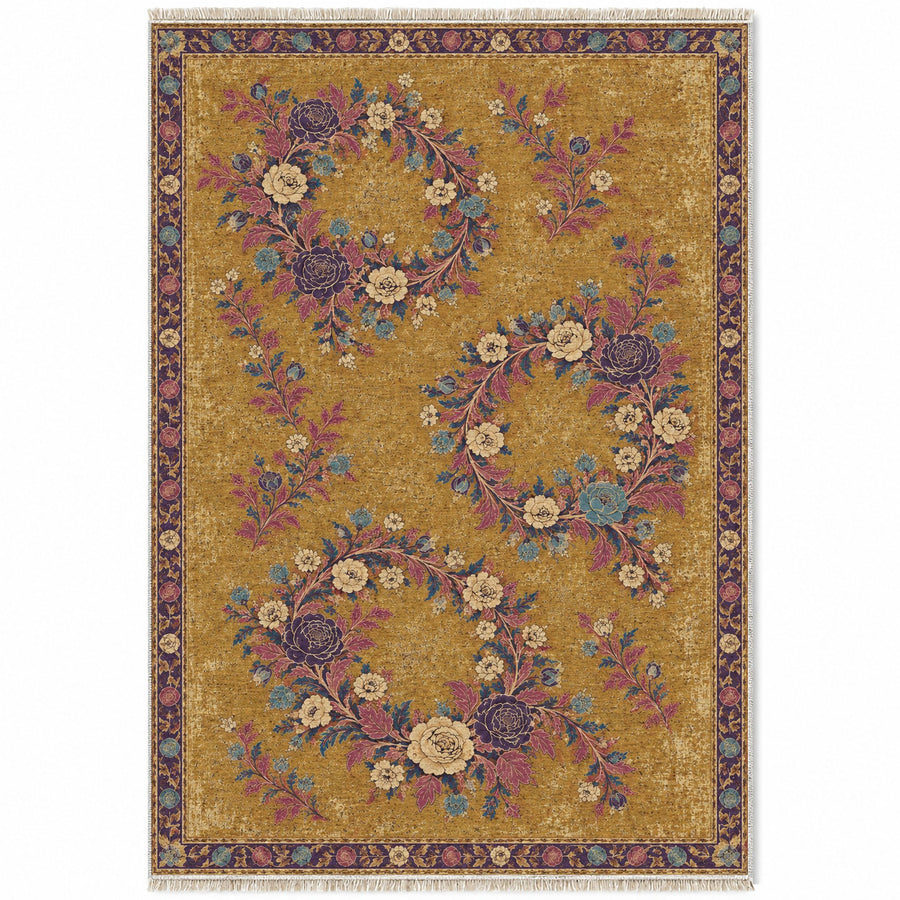 Three Bouquet Wreaths Golden, Plum & Azure Distressed Washable Rug