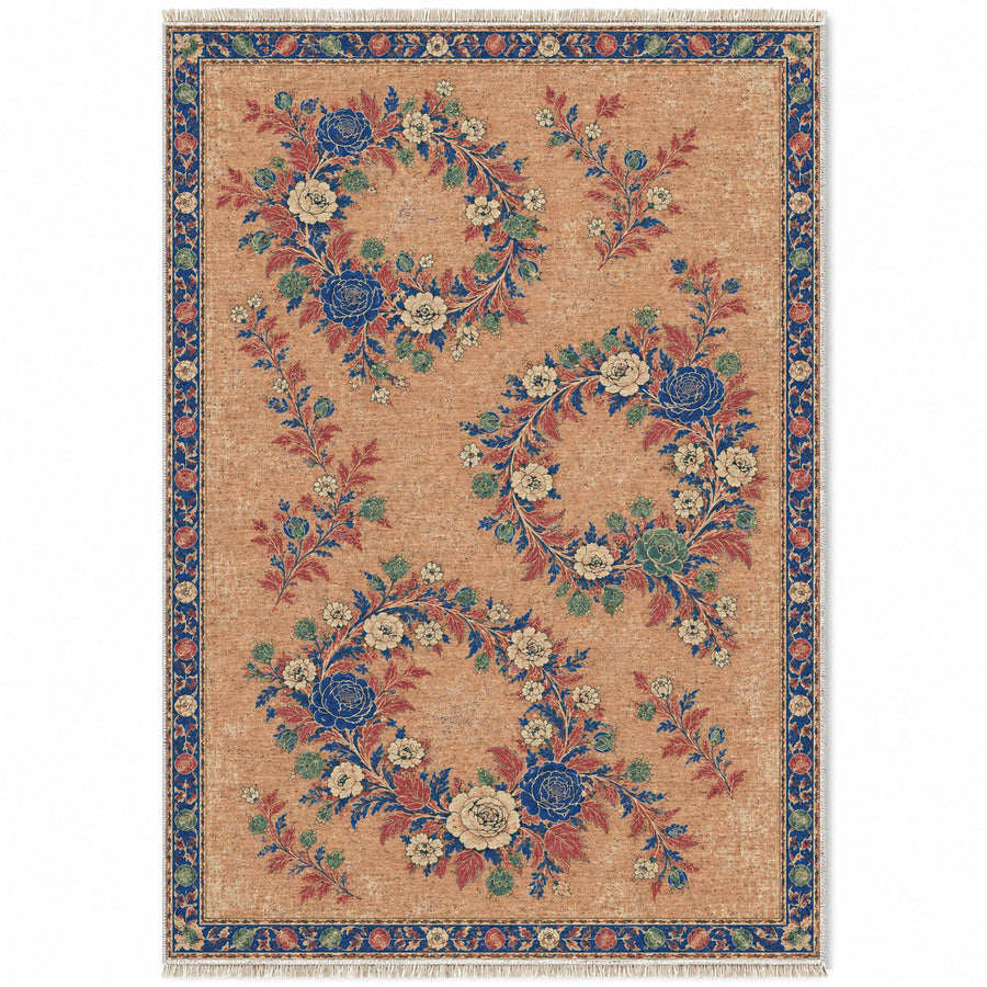 Three Bouquet Wreaths Peach, Cobalt & Jade Distressed Washable Rug