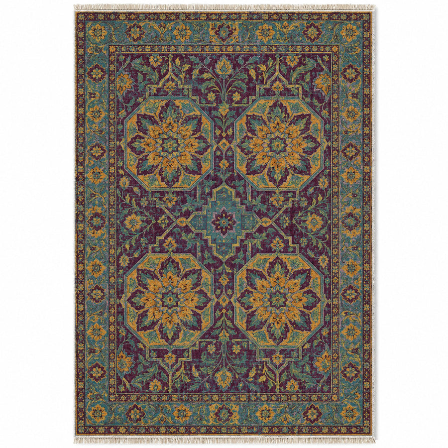 Tile Fountain Burgundy & Teal Moorish Washable Rug