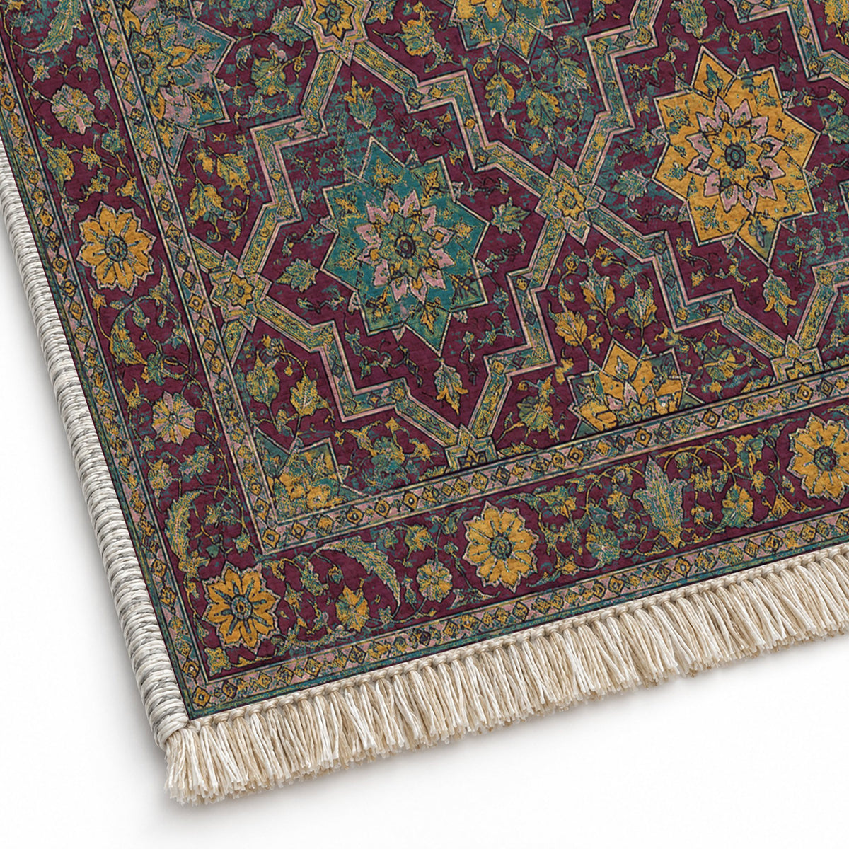 Tile Rosettes Burgundy & Teal washable rug close-up of the printed chenille