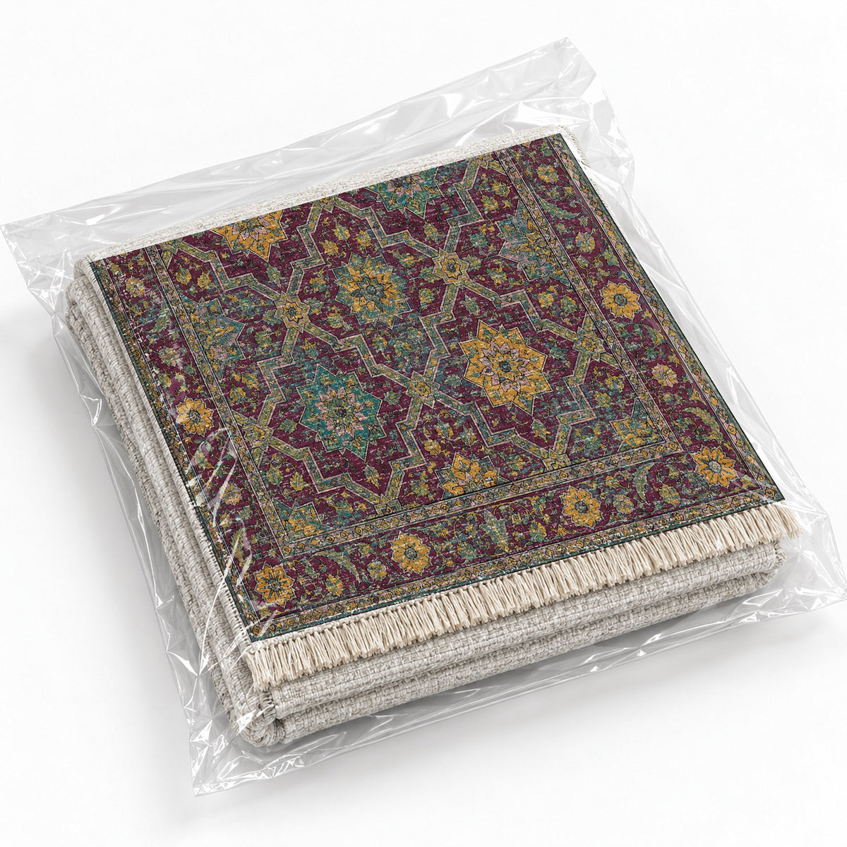 Tile Rosettes Burgundy & Teal washable rug rolled and packaged