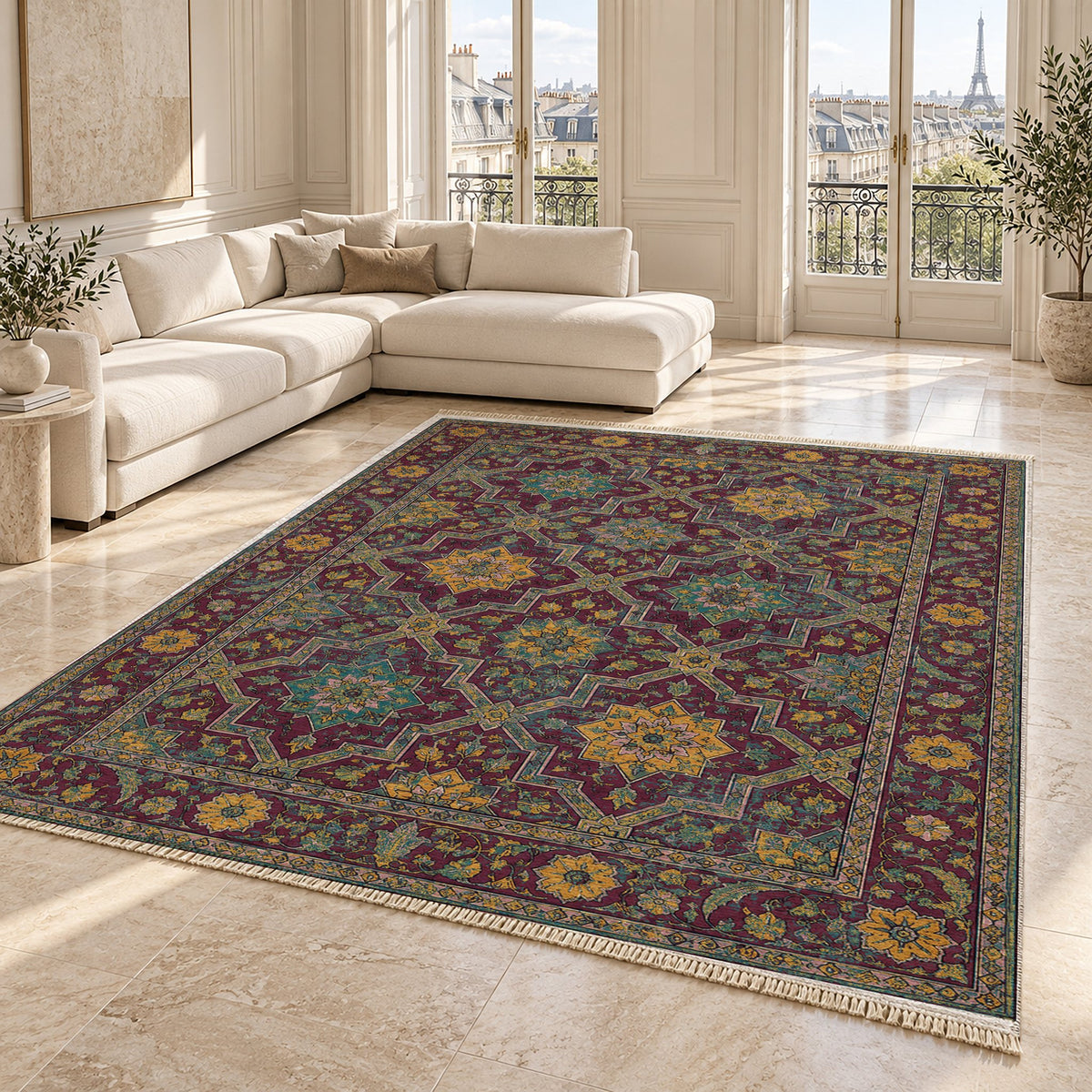 Tile Rosettes Burgundy & Teal washable rug angled room view on marble