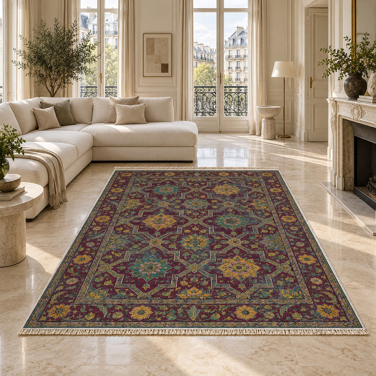 Tile Rosettes Burgundy & Teal washable rug on a marble floor