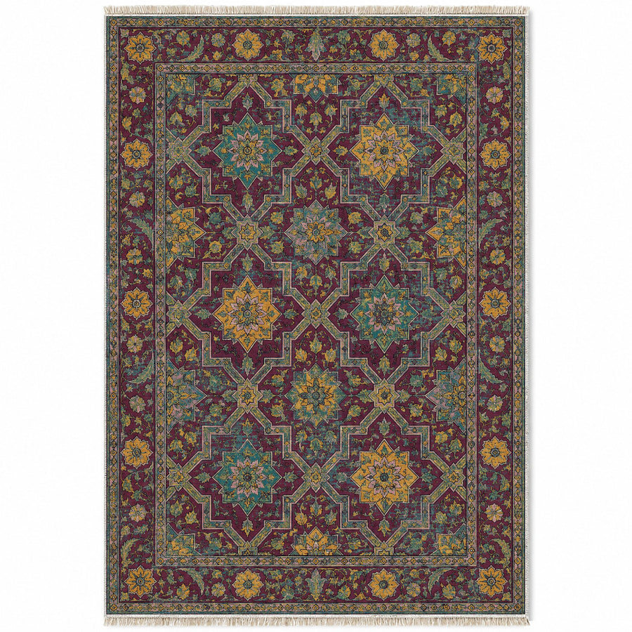 Tile Rosettes Burgundy & Teal Moorish Washable Rug