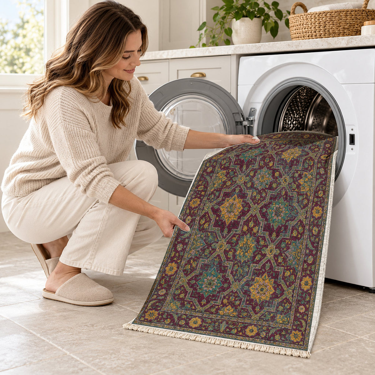 Tile Rosettes Burgundy & Teal washable rug being loaded into a washing machine