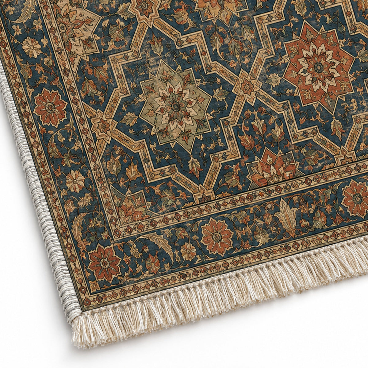Tile Rosettes Indigo & Rust washable rug close-up of the printed chenille