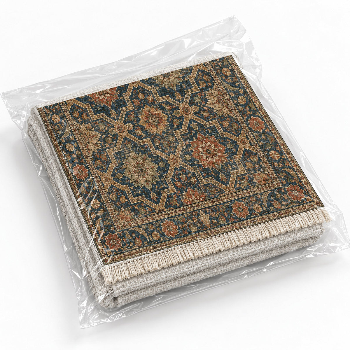 Tile Rosettes Indigo & Rust washable rug rolled and packaged