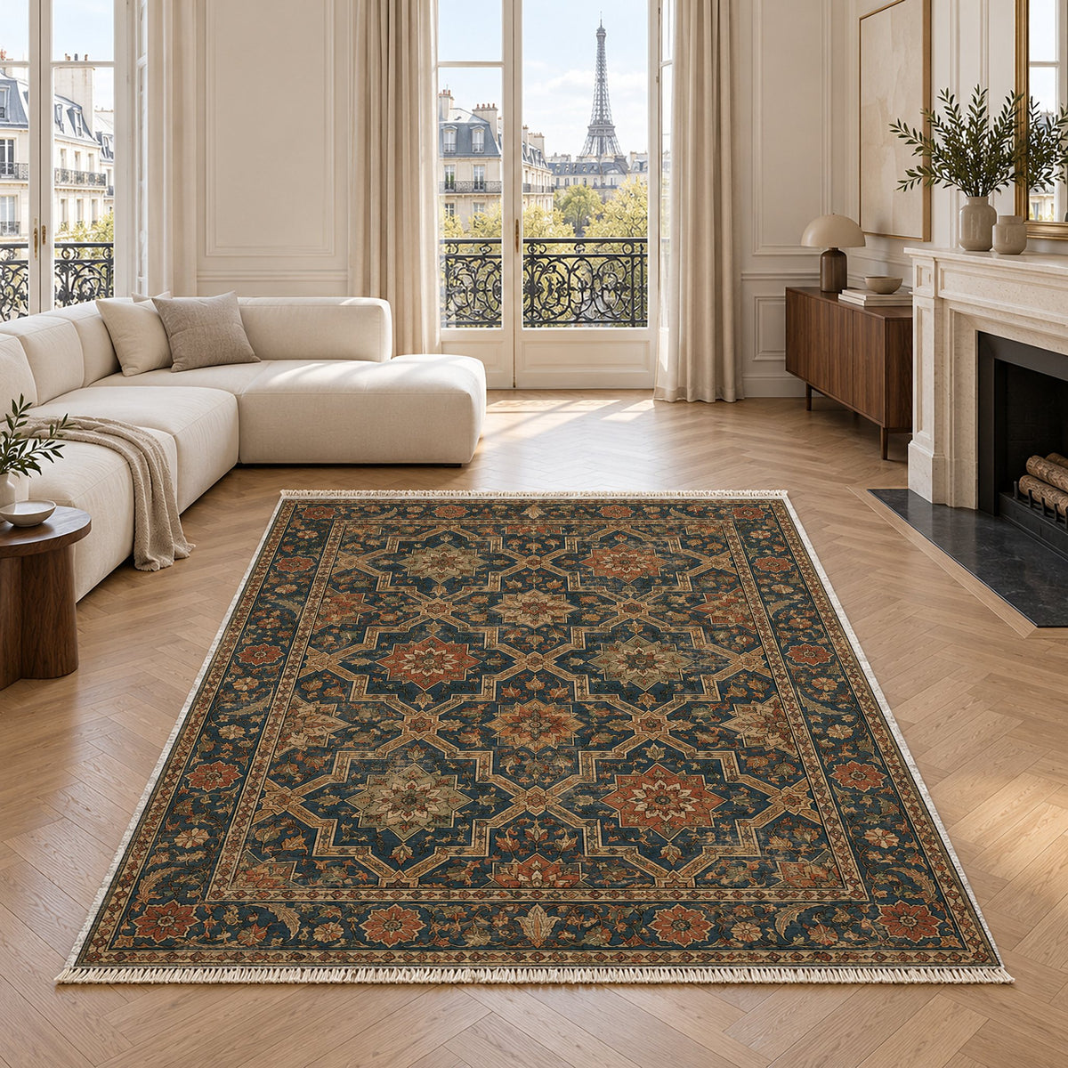 Tile Rosettes Indigo & Rust washable rug in a living room with an Eiffel Tower view