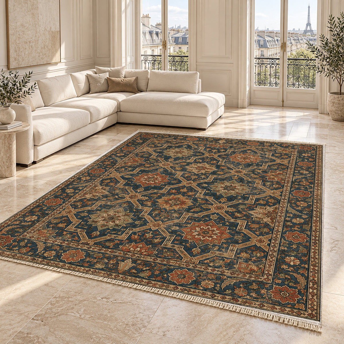 Tile Rosettes Indigo & Rust washable rug angled room view on marble