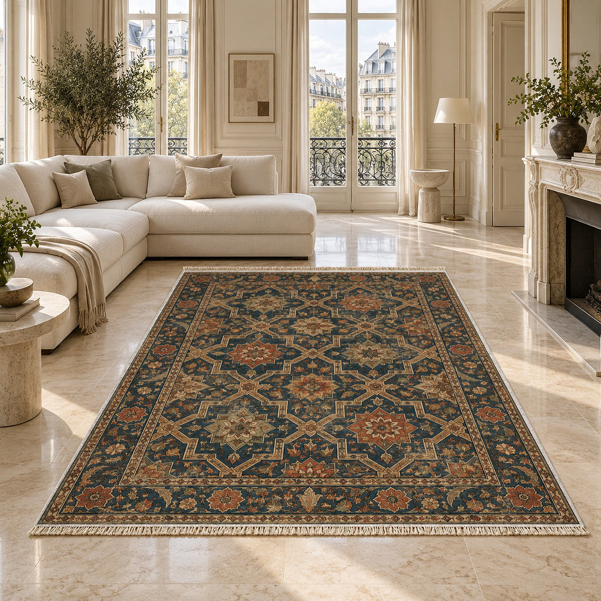 Tile Rosettes Indigo & Rust washable rug on a marble floor