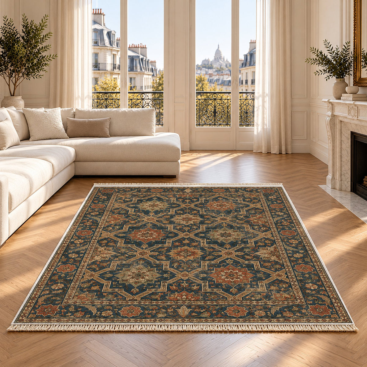 Tile Rosettes Indigo & Rust washable rug on an oak floor