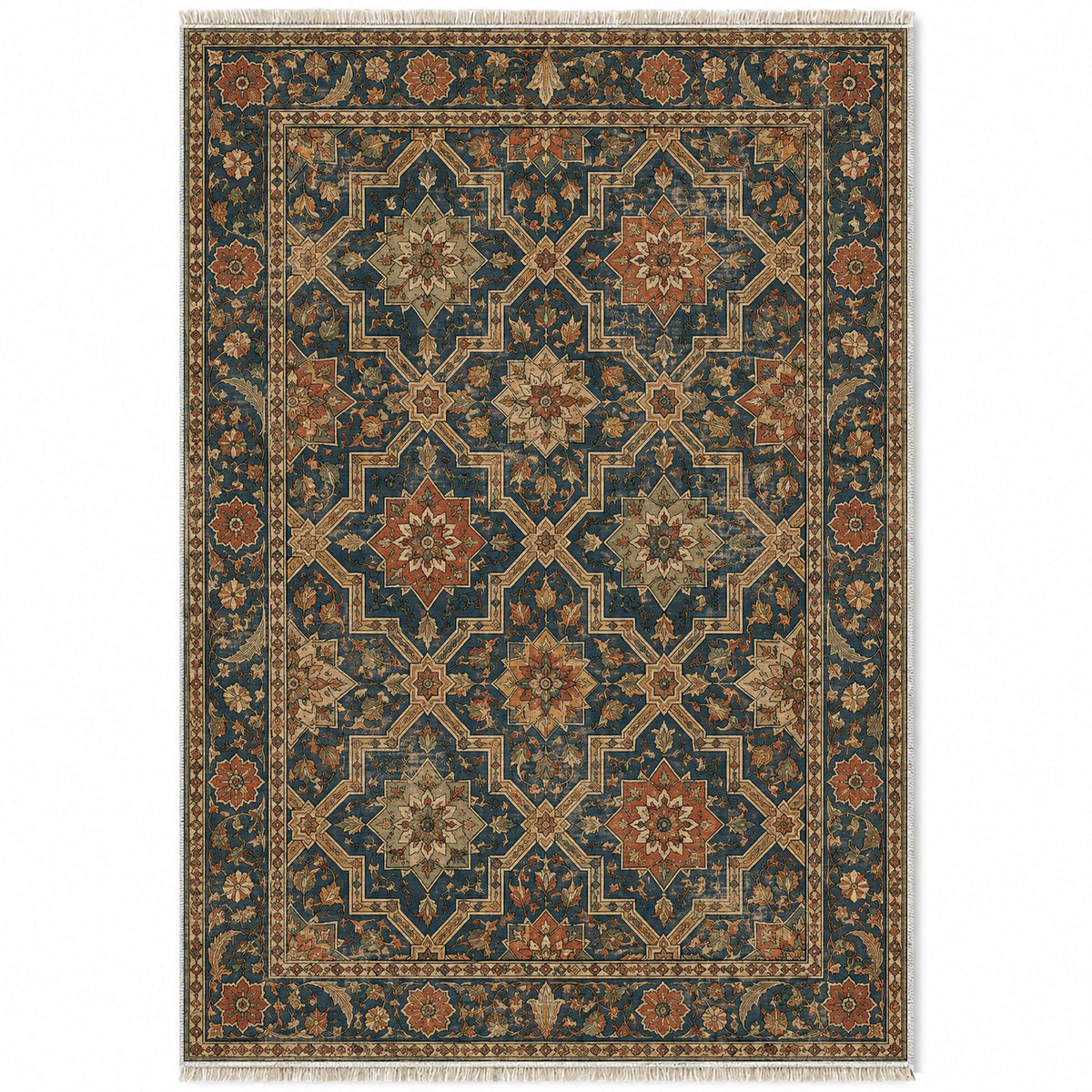 Tile Rosettes Indigo & Rust washable rug top view