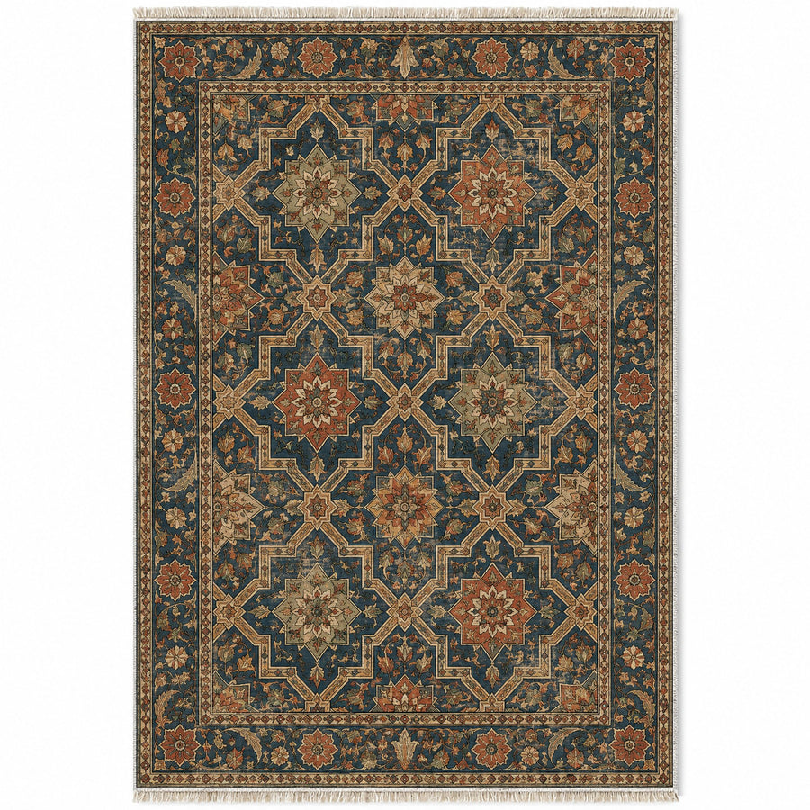 Tile Rosettes Indigo & Rust Moorish Washable Rug