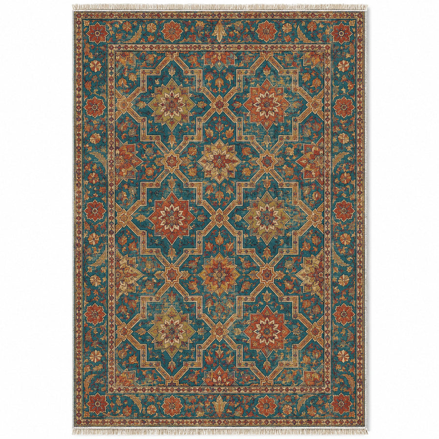 Tile Rosettes Peacock & Ochre Moorish Washable Rug
