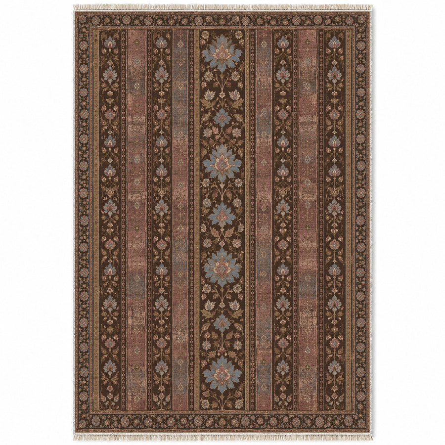 Timeworn Floral Stripe Espresso & Cornflower Distressed Washable Rug