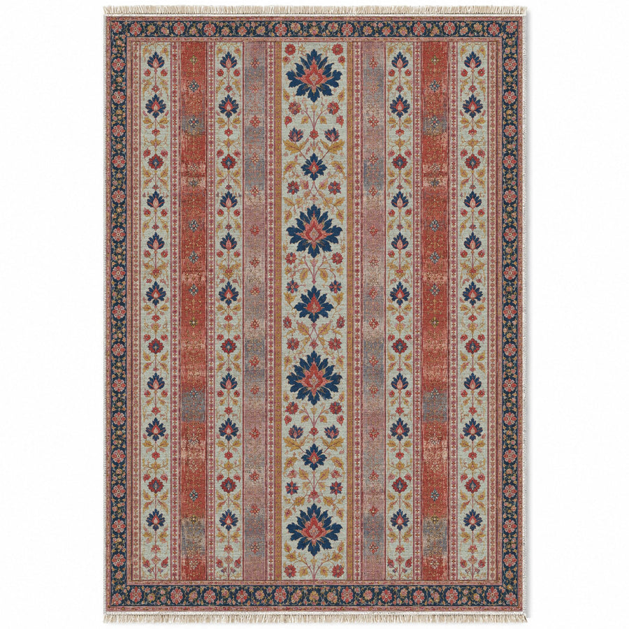 Timeworn Floral Stripe Glacier, Ink & Vermilion Distressed Washable Rug