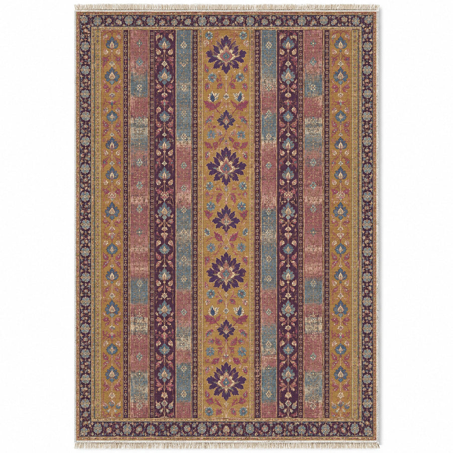 Timeworn Floral Stripe Golden, Plum & Azure Distressed Washable Rug