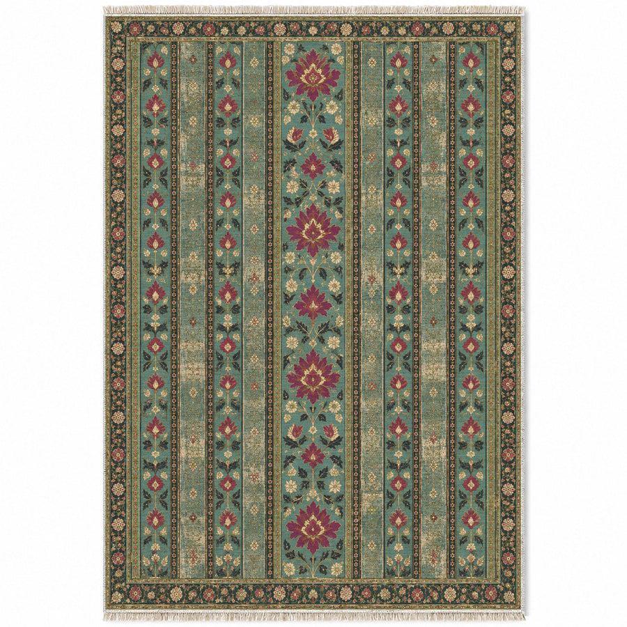 Timeworn Floral Stripe Lagoon & Berry Distressed Washable Rug